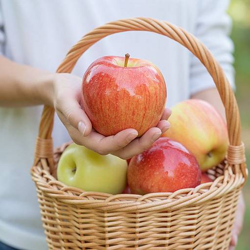 Photograph of a hand holding a shiny red apple from a wicker basket filled with red and green apples.