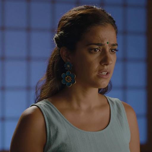 Concerned Woman with Blue Earrings and Forehead Dot