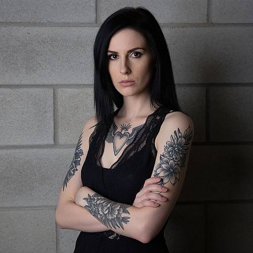 Photograph of a pale-skinned, black-haired woman with tattoos, wearing a black lace tank top, standing against a gray brick wall, arms crossed