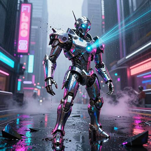Cybernetic robot with glowing blue laser, standing in a neon-lit, rainy city street, surrounded by mist and vibrant lights. Digital artwork