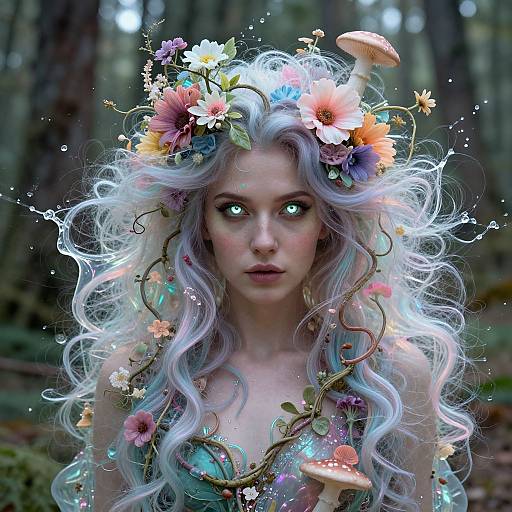 Digital artwork of a fair-skinned, ethereal woman with glowing blue eyes, long wavy silver hair, floral crown, and forest background. Her
