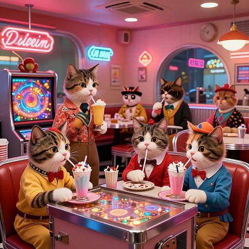 Photograph-style digital illustration of anthropomorphic cats in 1950s diner, wearing bow ties and jackets, drinking milkshakes, playing arcade game