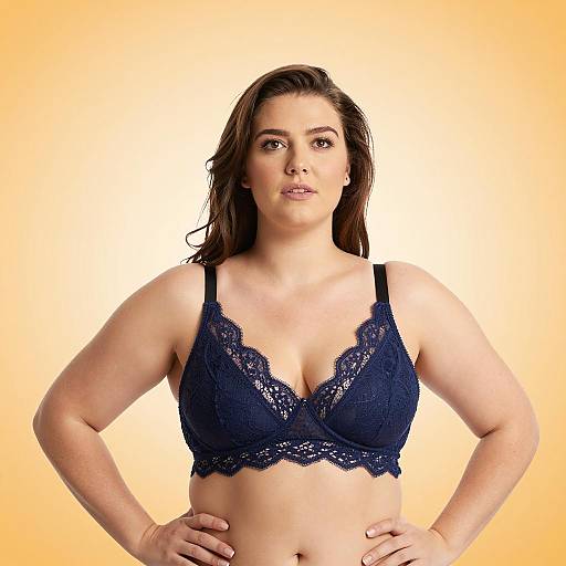 Plus-Sized Woman in Dark Blue Lace Bra