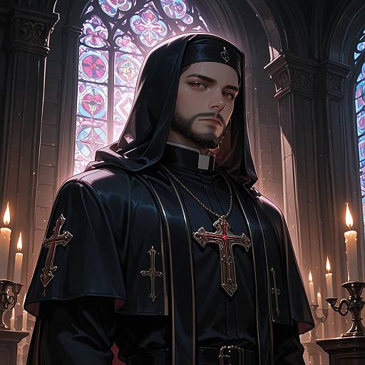 Bearded Exorcist Priest by Stained Glass