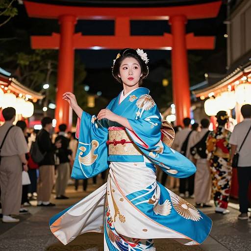 Photograph of an Asian woman in a blue and white floral kimono, standing in front of a brightly lit Torii gate at night, surrounded by