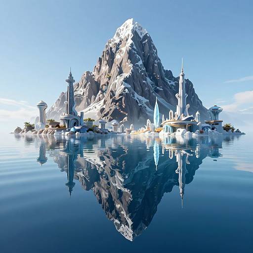 Digital illustration of a snow-capped mountain with futuristic, white architectural structures, mirrored perfectly in a calm, reflective blue lake.