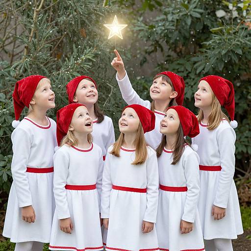 Photograph of six young girls in white dresses with red belts and hats, pointing at a glowing star, surrounded by greenery.