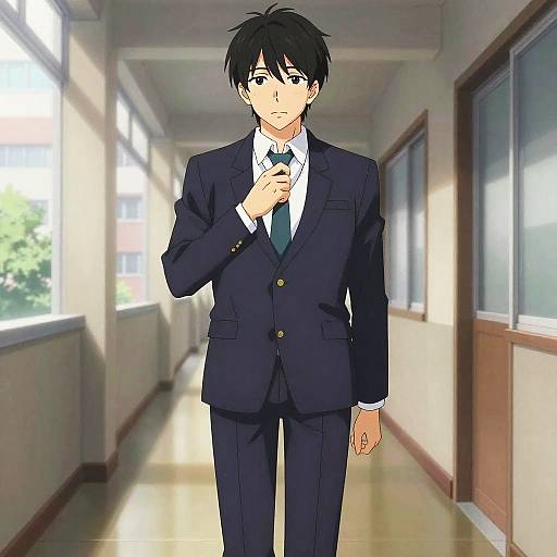 Anime Male Teacher Adjusting Tie in School Corridor
