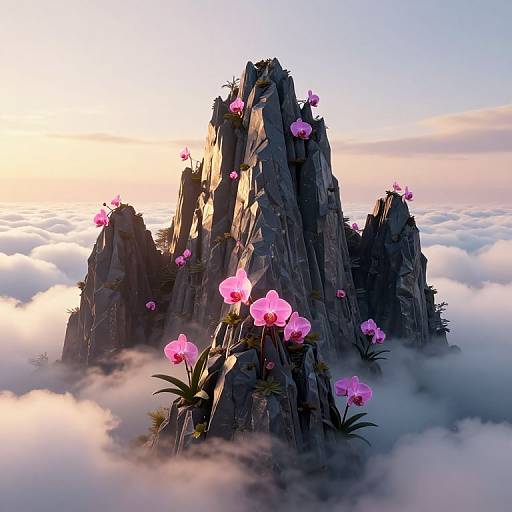 Surreal 3D Mountain Range with Orchids