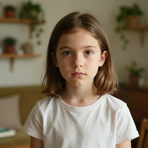 Photograph of a young girl with straight brown hair, wearing a white t-shirt, standing in a softly lit room with potted plants on shelves in
