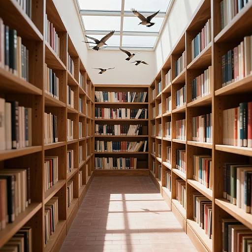 Sunlit Library Aisle with Birds