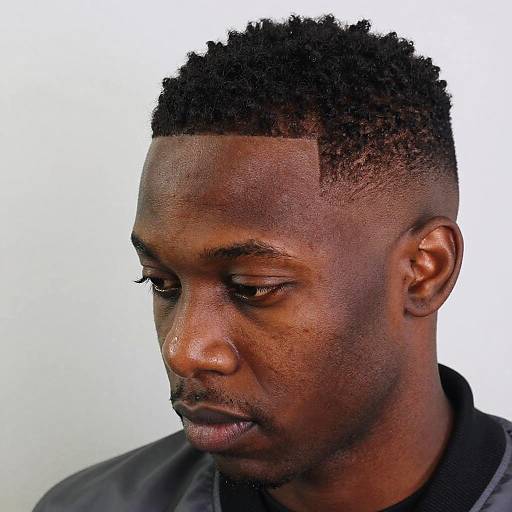 Photograph of a serious, dark-skinned Black man with short, textured, buzzed hair, looking downward, wearing a black shirt, against a