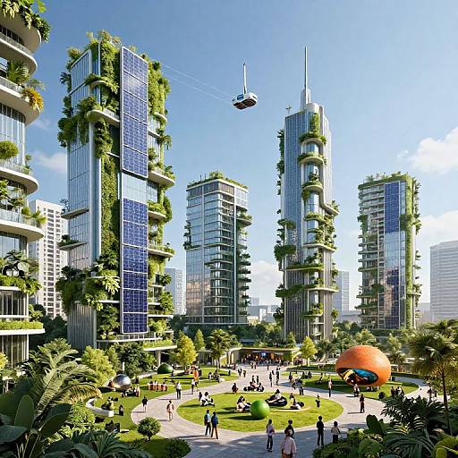 Photorealistic CGI of a futuristic cityscape with green-roofed skyscrapers, rooftop gardens, a flying drone, and a vibrant orange sphere