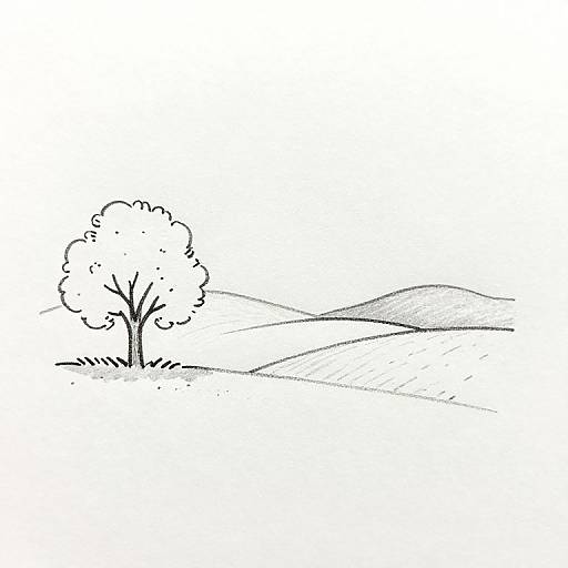 Black and white pencil drawing of a single tree with a fluffy crown on rolling hills, simple lines, and minimal detail.