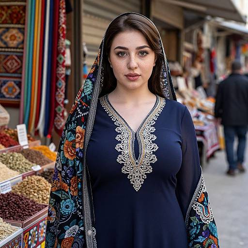 Photograph of a young, fair-skinned woman with dark brown hair, wearing a black embroidered traditional dress with floral-patterned shawl, standing in