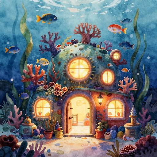 Whimsical underwater house painting: colorful coral, fish, glowing windows, potted plants, and vibrant marine life in a blue ocean scene.