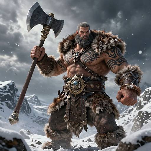 Muscular, bearded barbarian with tattoos, fur armor, and axe stands in snowy mountain landscape under dramatic, cloudy sky. CGI art.