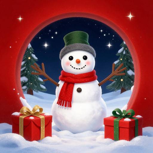 Digital illustration of a cheerful snowman with a green hat and red scarf, standing in a snowy landscape, framed by a circular red arch, with two