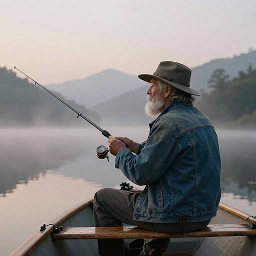 Elderly Fisherman at Foggy Dawn Lake