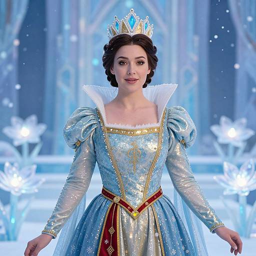 Photograph of a young woman with fair skin and dark hair, wearing a sparkling blue princess dress, white ruffled collar, gold accents, and a