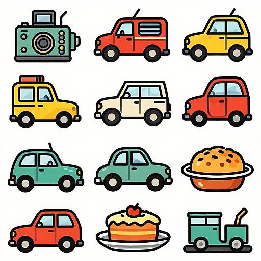 Colorful digital drawing of 15 cartoon-style vehicles and food items: 7 cars, 2 vans, 1 camera, 1 loaf of