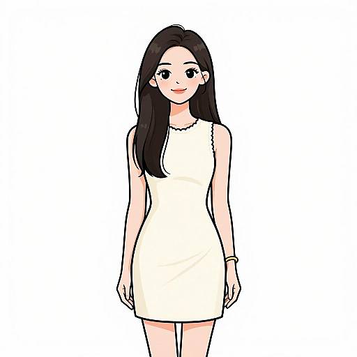 Digital anime-style drawing of a cute, smiling young woman with long black hair, wearing a sleeveless white dress, standing against a plain white background.