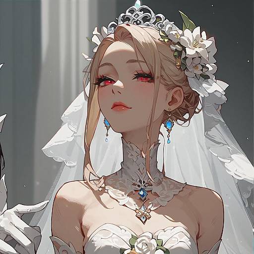 Digital anime-style bride portrait with blonde hair, red eyes, white floral crown, lace choker, veil, and blue gemstone earrings, illuminated by