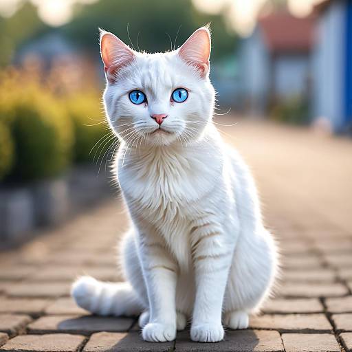 White Cat with Striking Blue Eyes Outdoors