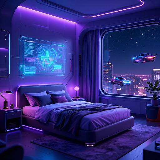 Neon-lit futuristic bedroom with glowing blue holographic art, purple ambient lights, cityscape view, hovering cars, and sleek modern furniture.