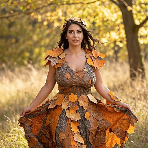 Photograph of a curvy woman with dark hair, wearing an autumn leaf dress, standing in a sunlit, golden grassy forest.