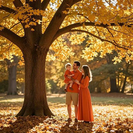 Photograph of a family with a father in orange shirt and beige shorts, mother in long orange dress, and child in orange outfit, standing under a