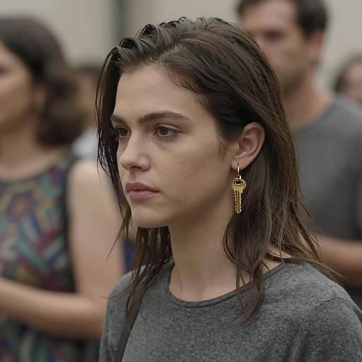 Woman in Gray Top with Gold Earrings