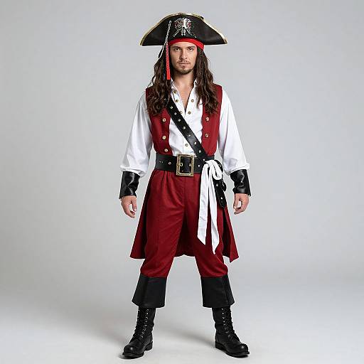 Photograph of a man in a pirate costume: white shirt, red vest, black boots, black pants, white sash, black belt, tr