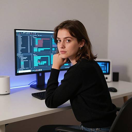 Photograph of a young woman with fair skin, brown hair, and black sweater, sitting at a desk with two computer monitors displaying colorful code interfaces,