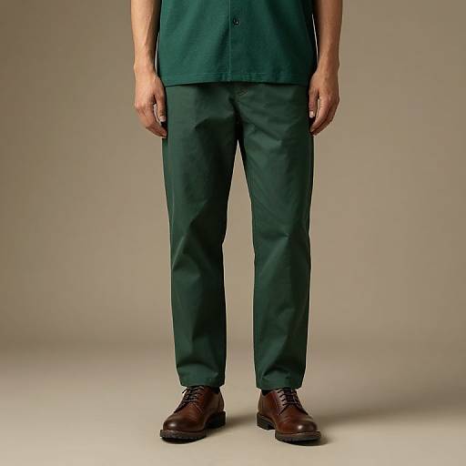Photograph of a standing man from neck to ankles, wearing dark green pants, a matching green shirt, and brown leather shoes. Neutral beige background.