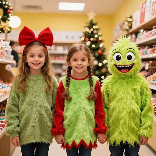 Photograph of two smiling girls in festive costumes, one with a red bow, green fuzzy dress, and the other with a green furry monster mask,