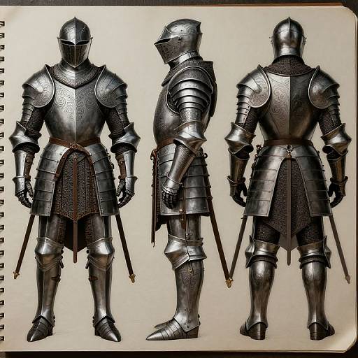 Photograph of full-body, front, and side views of medieval-style, detailed, silver steel plate armor with textured patterns, including shoulder pauldrons