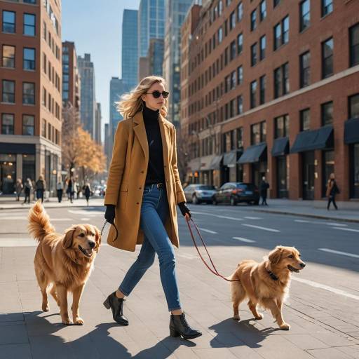 Stylish Woman Walking Golden Retriever in City