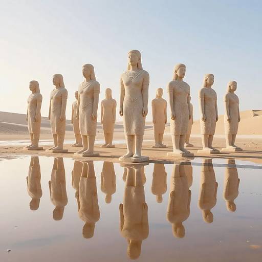 Photograph of nine white, ancient-style stone statues standing in a desert, reflecting perfectly in a shallow, still pool. Bright blue sky and sunlit