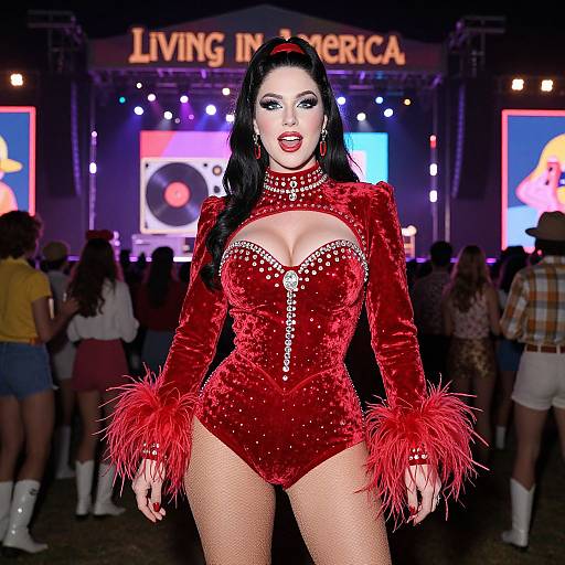 Photograph of a curvy woman with pale skin, black hair, and red lipstick, wearing a sparkly red velvet bodysuit with feathered