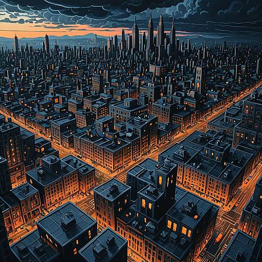Cubist Matte Painting of Cityscape at Twilight