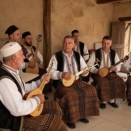 Photograph of six elderly men in traditional Balkan attire, playing string instruments and singing inside a rustic, wooden-walled room.