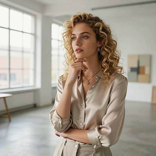 Photograph of a blonde woman with curly hair, wearing a beige button-up shirt, standing in a sunlit, modern loft with large windows. She