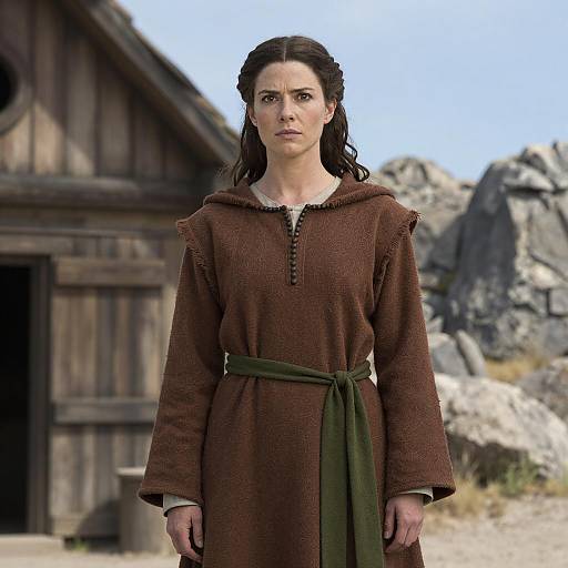 Woman in Medieval Brown Robe with Green Sash