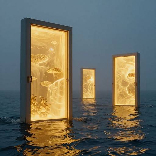 Photograph of three illuminated, white-framed doors with glowing, abstract aquatic designs, floating in dark, rippling water at twilight.