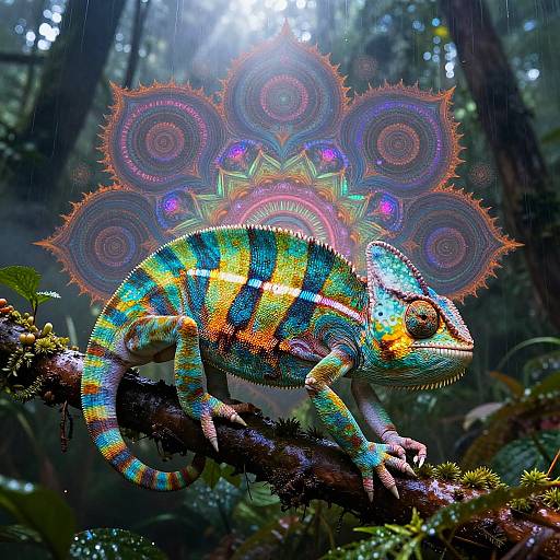 Psychedelic Chameleon in Kaleidoscopic Rainforest