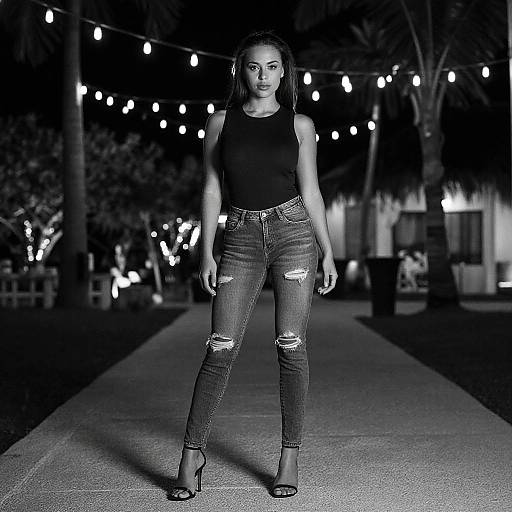 Black and white photograph of a confident young woman with long hair, wearing a sleeveless top and ripped jeans, standing on a lit pathway with string lights
