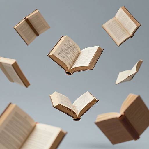 Photograph of multiple open books floating in mid-air against a clear blue sky, giving a surreal, dreamlike impression.