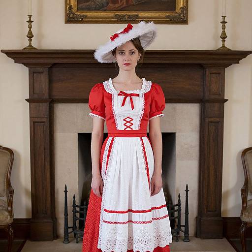 Photograph of a young woman in a red and white traditional maid dress with lace trim, red ribbon, and white hat, standing in front of a