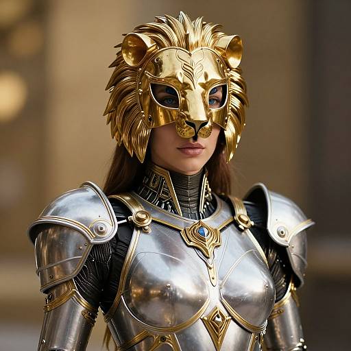 Photograph of a woman in detailed, shiny gold and silver medieval-style armor with a lion-faced mask, standing in a blurred, beige background.